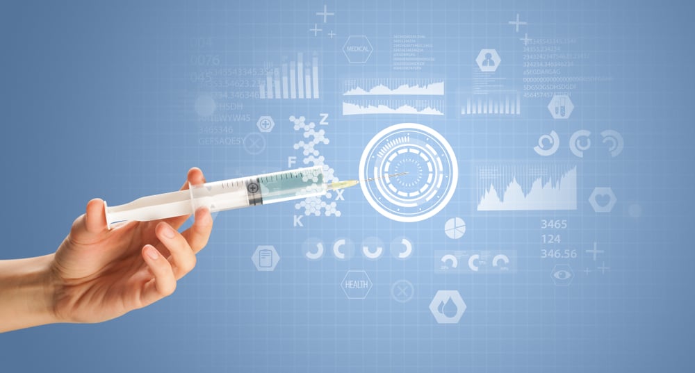 Female doctor hand holding syringe with research data graphic-2